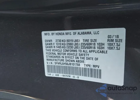 2018 Honda Odyssey Ex z USA, uszkodzony, nr VIN 5FNRL6H56JB101788